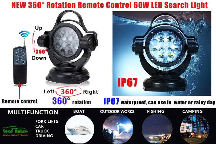 Car 12V 24V 360 Degrees Rotable LED Searching Hunting Light Boat SUV Offroad 4X4 Remote Control 60W Marine Searchlight